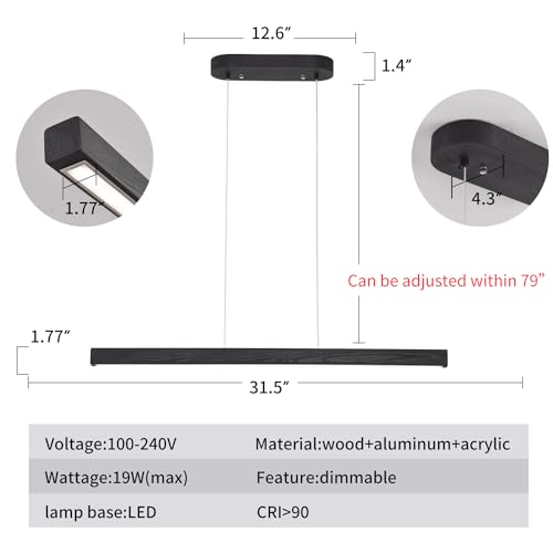 Image of 31.5 inch Black Linear Pendant Light Wooden Led Linear Pendant Light Fixtures Ceiling Hanging Dimmable Pendant Lights for Dining Room Kitchen Island Pool Table Lights Black Wood Finish,Kitchen Lights