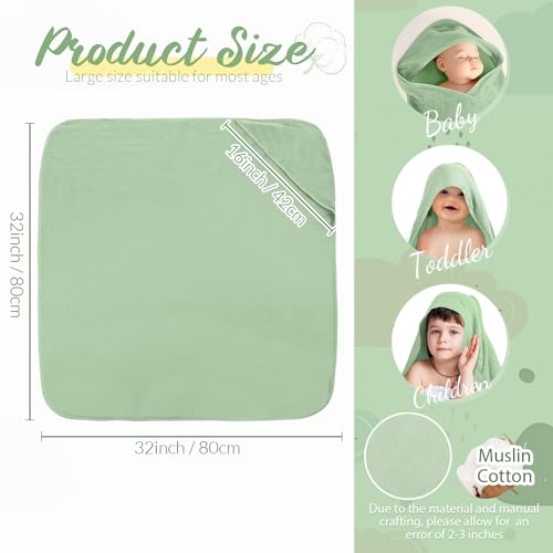 Image of Preboun 6 Pcs Muslin Hooded Baby Towels and Washcloths 32 inchx 32 inch Cotton Newborn Bath Towel Anti-Shrink Infant Baby Blankets with Hood 12 inchx 12 inch Washcloths for Girl Boy Toddler(Ivory,Green)