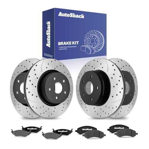 AutoShack Front & Rear Brake Rotors & Ceramic Pads for Ram & Dodge, 1500 2011-2018 Ram 1500 2006-2010, 4WD RWD V6 3.0L 3.6L 3.7L V8 4.7L 5.7L - E-Coated Drilled & Slotted - ShadowGuard