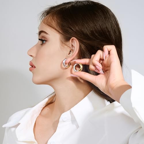 Tow Tone Hoop Earrings Heart Mixed Metal Earrings for Women Silver and Gold Huggie Hoops Dainty Minimalist Funky Jewelry4