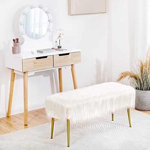 COSTWAY Furry Faux Fur Footstool, Rectangular Upholstered Dressing Vanity Stool Seat with Golden Metal Legs, Home Bedroom Living Room Pouffe Ottoman Footrest (White, 91 x 35 x 46cm)