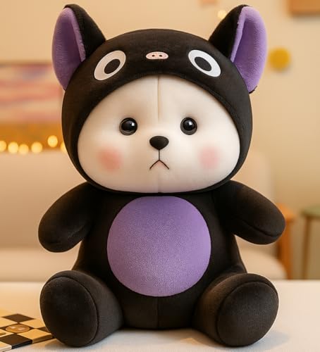 Image of Y U COLLECTION Plush Bear in Black Cat Hoodie Costume, 40 cm, Soft Stuffed Animal Toy, Purple and Black