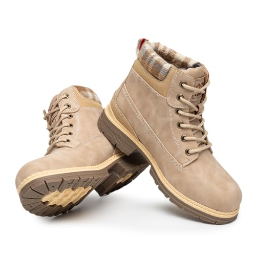 Image of COTTIMO Snow Hiking Winter Boots for Women - Casual Brown Combat Work Boot - Non-slip Fur-Lined Ankle Boots - Fashion Boots Waterproof Leather Shoes