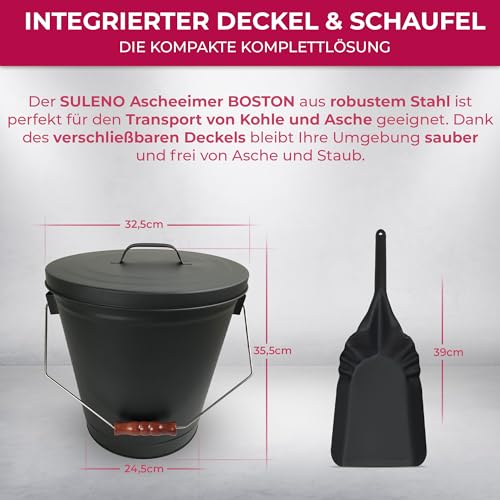 Foto von SULENO Ascheeimer Boston, 19L Kohleeimer, Inkl. Deckel, Schaufel &, Schwarz