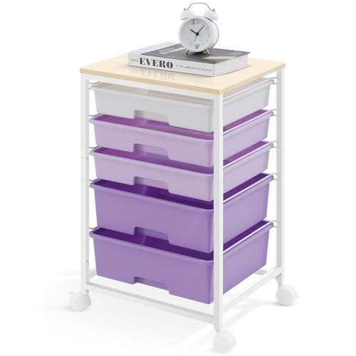 SYKIARIOL Utility Cart with 5 Drawers,Storage Drawer Cart with Wooden