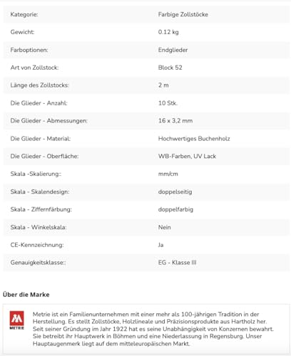 Foto von Metrie BLOCK52 Holz Zollstock/Zollstöcke 10x Stück|2m langer Gliedermaßstab, Meterstab mit Duplex-Teilung - Bunt (BLOCK52-10x Bunt) Hergestellt in der EU