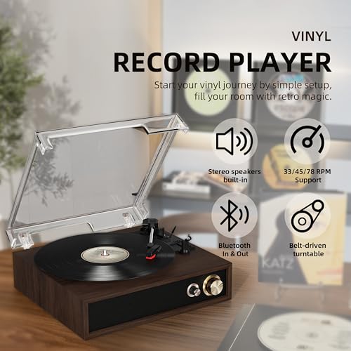 FYDEE Plattenspieler, mit USB-Wiedergabe und -Aufnahme, Bidirektionalem Bluetooth, 3-Gang-Umschaltung (33/45/78 U/min), Eingebauten Stereo-Lautsprechern und RCA-Ausgang - Ebenholz