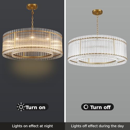 Image of 48-Inch Ripple Glass Chandelier, 2-Tier 10-Light Large Brass Round Chandelier for Dining Rooms, Living Rooms, Foyers, Staircases, Open-Concept Spaces & High Ceilings