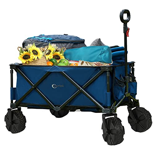 Image of Portal Folding Collapsible Beach Wagon Utility Outdoor Camping Beach Cart with 8" Wheels & Adjustable Handle, Large Capacity Foldable Grocery Wagon for Garden Beach Wagon, Blue
