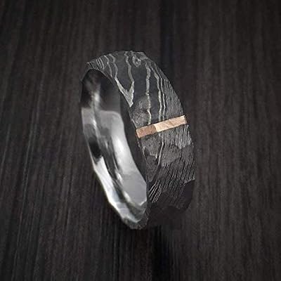 Damascus KE-207-AT Steel Ring Custom and Handmade Ring Hammer Finish Vertical Copper Inlay Steel Fathers Day Ring Wedding Band Rings (Color Might be Slightly Different)