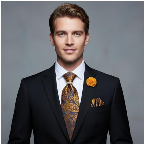 Image of 5PCS Mens Silk Designer Tie, Pocket Square, Cufflinks, Drilled Tie Ring and Lapel Pin Set for Wedding Groom Party