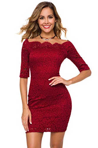 Image of Atnlewhi Womens Vintage Lace Floral Off Shoulder Elegant Swing Dresses A-line Mini Dress for Party Cocktail Wedding