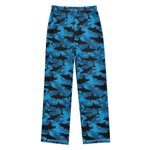 Cartoon Blue Shark Pattern Pajama Pants Lounge Sleep Pants Elastic Waist Long Pajama Bottoms with Pockets for 6-14 Years