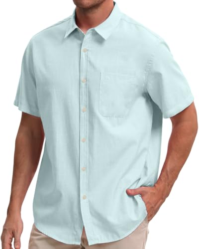 Mens Cotton Linen Short Sleeve Shirts Casual Lightweight Button Down Shirts Vacation Beach Summer Tops with Pocket2