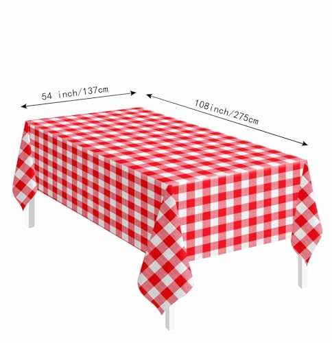Image of SietDESEO 2 Pack Red Gingham Tablecloth Rectangle 54 x 108 Red and White Checkered Table Cloth Disposable Plaid Table Cover Plastic for Birthday Baby Shower Picnic Wedding Party Supplies