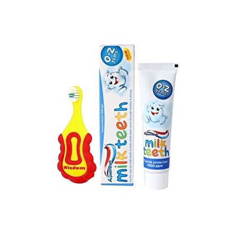 Wisdom Step-by-Step Baby Toothbrush 0-2 Years and Aquafresh Milk Teeth Babies Toothpaste 50ml Set, Supersoft Brush Extra Small Head, Gentle Brushing & Cleaning Cover