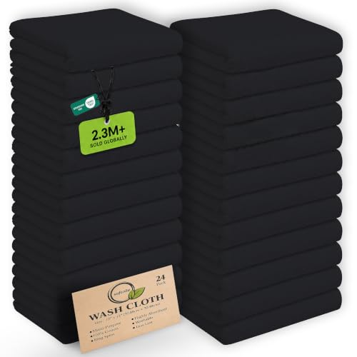 Softolle 100% Cotton Washcloths 24 Pack (12x12 Inches) Soft, Highly Absorbent Washcloth, Face Towels, Wash Cloths for Face, Ring Spun, Bulk Pack (Black)
