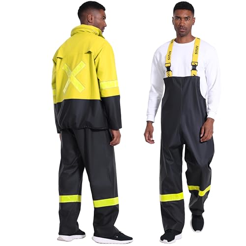 NAVIS MARINE Men\'s Workwear PRO Rain Suit - Waterproof Jacket and Bibs Pant Combo Set for Ultimate Safety and Comfort(Reflective Yellow,Large)