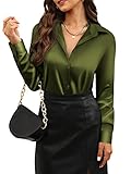 Womens Soft Satin Silk Button Down Shirts for Women Silky Long Sleeve Work Shirt Dress Blouses Tops Olive Green Size S