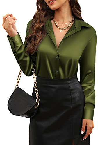 Womens Soft Satin Silk Button Down Shirts for Women Silky Long Sleeve Work Shirt Dress Blouses Tops...