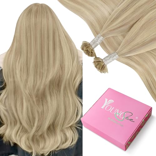 Image of YoungSee U Tip Hair Extensions Human Hair Blonde Highlight Utip Hair Extensions Human Hair Ash Blonde with Platinum Blond Highlight Keratin Hair Extension Remy Hair Ktip Extension 22In 1G /S 50G