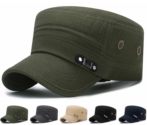 Initlove Cadet Army Cap for Men Unisex Military Flat Top Hat A Green