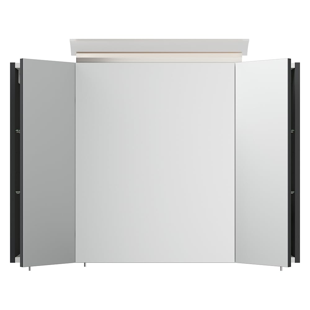 Lomadox Badezimmer Spiegelschrank 90cm, 3-türig, grau mit LED-Aufsatzleuchte, Glasböden, 3D-Funktion, Kombibox (Steckdose mit Schalter)