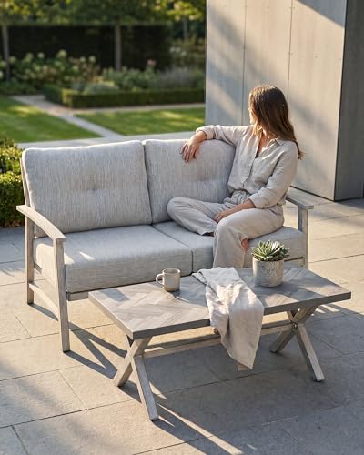 Image of Patio Furniture Loveseat Sofa, Outdoor Aluminum Patio Couch with 5.9'' Soft Cushion, All-Weather 2 Seats Outdoor Furniture Sofa Couch for Garden, Poolside, Lawn, White Oak