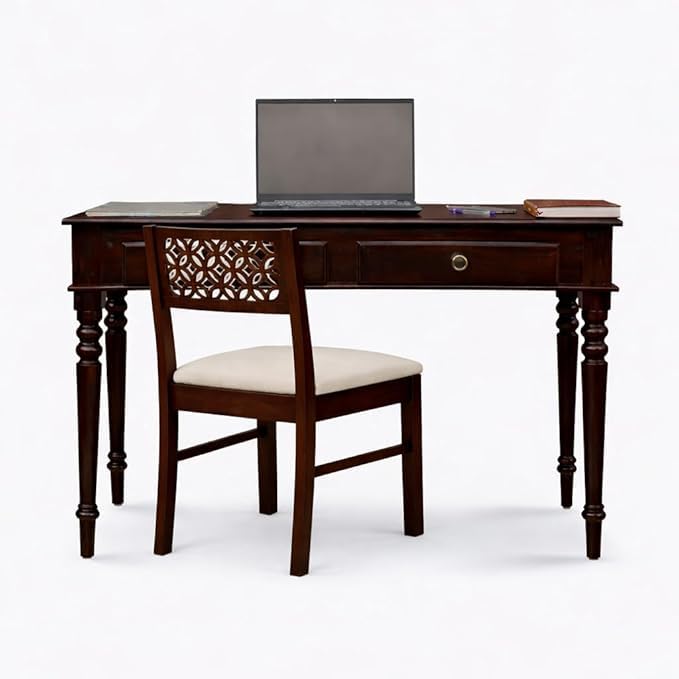 Image of Solid Sheesham Wood Two Drawer Study Table with Chair | Students Reading & Writing Table | Laptop & Work from Home Table (Dark Walnut)