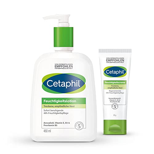 CETAPHIL Feuchtigkeitslotion, 460ml und Feuchtigkeitscreme, 85g, Für trockene, empfindliche Haut an Körper und Gesicht, Spendet intensiv 48h Feuchtigkeit, Klinisch getestet bei empfindlicher Haut