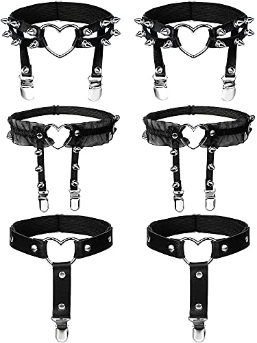 6 Pieces Heart Garter Set Rivet Heart Garter, Lace Heart Garter, Faux Leather Thigh Ring Garter Belt Adjustable Leg Garter Punk Gothic Garter with Anti-Slip Clips for Women Girls Black