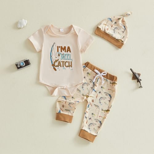 Image of Amnnchya Newborn Baby Boy Clothes Fishing Short Sleeve Romper Shirt Tops Pants Summer Spring Outfits Cute Hat Set