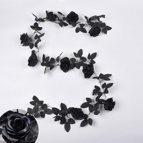 Treer Künstliche Rose Girlande 230cm Blumengirlande Deko, 2 Stück Künstlich Pflanze Blätter Kranz und Willow Blätter Girlande für Zimmer Balkon Garten Hochzeit Party Wand Hängend (Schwarz)