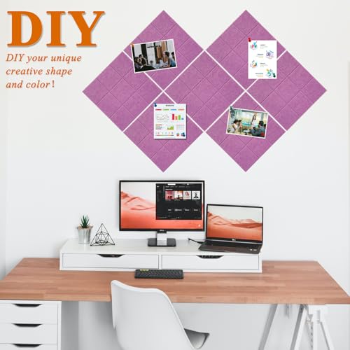 HULAVO Large Square Felt Cork Board Tiles, Self Adhesive DIY Felt Bulletin Board with 35 Pushpins for Office School Home Wall Decor Stickers Memos Photos (Light Purple) — view 3