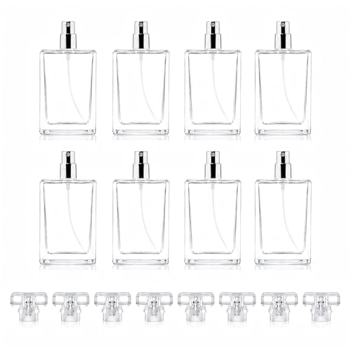 Enenes 8 Pack 30 ml/1 oz Square Glass Perfume Bottles with Silver Atomizers