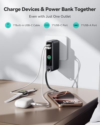 INIU 3-in-1 Portable Charger, Small 10000mah 30W Fast Charging Power Bank with Built-in USB C Cable and Foldable AC Plug, Flight Family Travel Essentials for College Students Teen Boys Girls, Green - Image 6