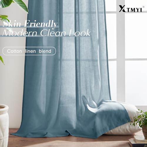 Image of XTMYI Stone Blue Curtains 90 Inches Long for Living Room,Light Filtering Country Vintage Hooks Pleated Back Tab Semi Sheer Linen Curtains for Bedroom 2 Panels Set,Dusty Blue