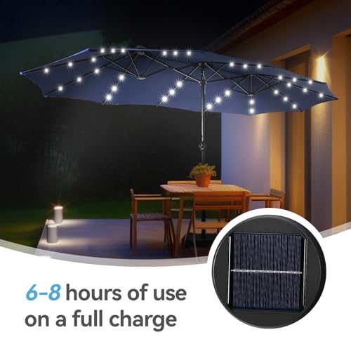 GREEN PARTY 15 ft Rectangle Patio Umbrella with Solar Lights and Base Included, Double-Sided Market Table Umbrella with Crank, Large Outdoor Umbrellas for Patio Poolside Garden Backyard, Navy Blue