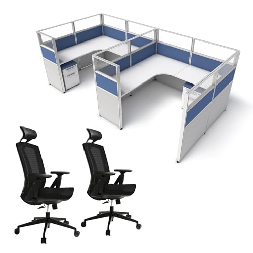 SUNLINE Cubicle Kit - Modular Office Furniture Set with 7 Layout Options & Adjustable Panels, Corner Desk & Chair Set, Ergo Plus Ergonomic Chair & Customizable Office Desk with Drawers - Blue