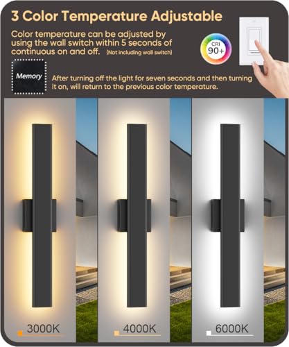 Image of Aipsun 2 Packs LED Outdoor Wall Lights, 3000K 4000K 6000K, 23.6in Modern Black Outdoor Porch & Patio Wall Sconce, Linear Exterior Wall Light for Entrance, Hallway, Garage, Porch(3CCT)