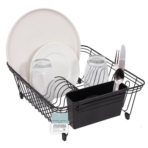 YöL Wire Dish Drainer & Detachable Cutlery Basket Non Slip Kitchen Sink Drying Rack Space Saver - Plates Bowls Dishes Cups Glasses Knives Forks Spoons Utensil