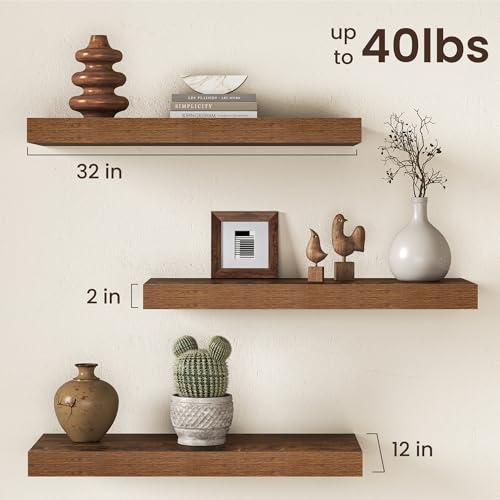 Image of 32Inch Floating Shelves for Wall, 12 Inch Deep Shelves for Bedroom, Kitchen, Bathroom Wall Mounted, Rustic Wood Floating Shelf with Invisible Brackets for Books, Storage, Decor, Rustic Brown, 2 Packs
