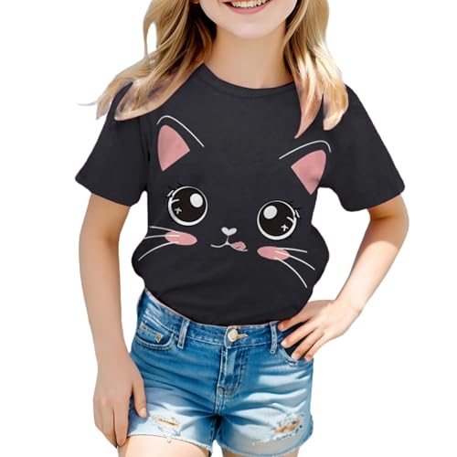 Girls Summer Loose Casual Trendy Cute Cat Printed Short Sleeve T Shirt Top Kids Graphic Tees3