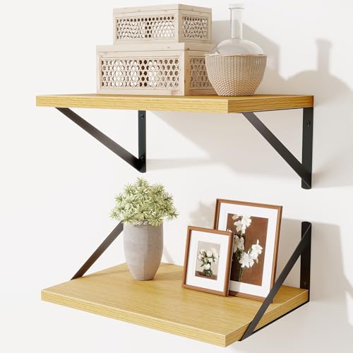 Acovy Deep Floating Shelves,16" Wx10 D Floating Shelves for Wall Set of 2,Heavy Duty Wood Floating Shelf with Metal Bracket,Wall Mounted Hanging Shelf for Living Room Bedroom Bathroom Kitchen,Oak