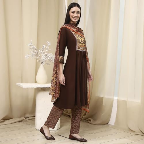 Image of BIBA Women Rayon Viscose Gathered Solid Suit Set