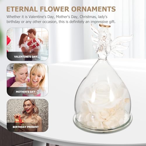 Toyvian Flor Preservada Decorativa de Color Claro con Cúpula de Vidrio y Figura de Ángel, Adorno de Escritorio Compacto para Obsequio San Valentín Día Madre y Decoración Artesanal