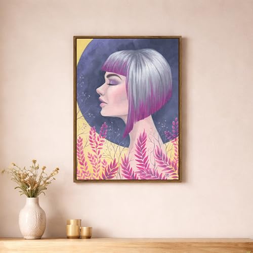 Image of Surreal Botanical Woman Portrait Framed Canvas Painting For Living Room | Modern Abstract Moon Girl Wall Art For Livingroom Wall Decor, Home Decor, Bedroom, Hallway's, Office, Hotel - 43x58 cm