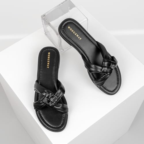 WONGXWAY Women Knotted Slide Sandals Cross Strap Dressy Sandals Cute Comfy Open Toe Slip On Sandals(Black,10) — view 3