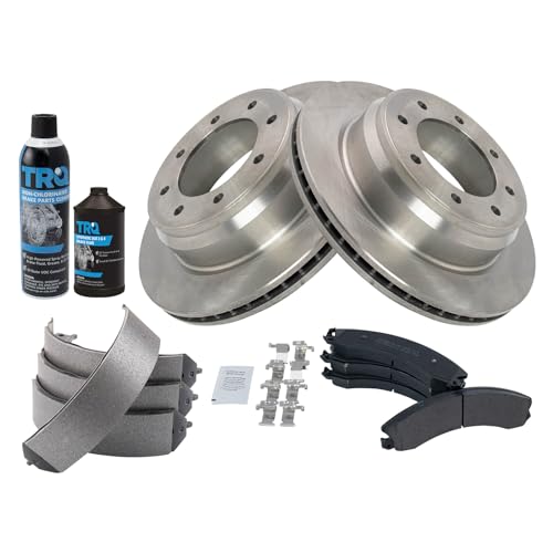Image of TRQ Rear Brake Pad & Rotor Kit, with Chemical Kit Parking Brake Shoe Set Semi-Metallic Compatible with 2012-2019 Nissan NV1500 NV2500 NV3500