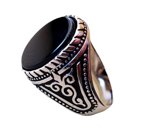 Flat Black Onyx Aqeeq Stone Arabic Turkish Ottoman Style Man Ring Sterling Silver 925 Oval Gem Shape Antique Jewelry Signet Mens Ring Statement Ring Silver Enamel Ring